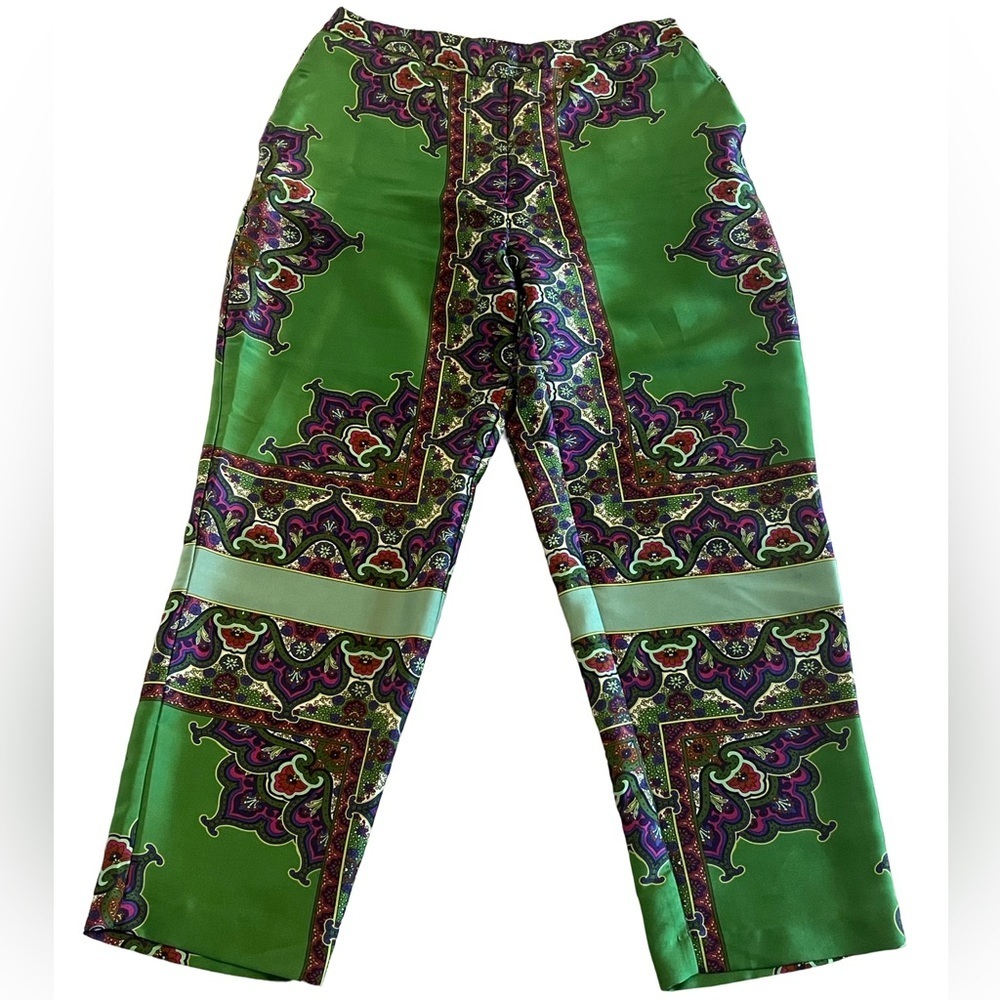 Zara Green Paisley Print Wide-Leg Cropped Pants